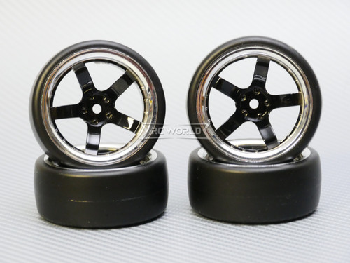 1/10 DRIFT Wheels 9MM Offset BLACK 5 Star W/ Chrome LIP *4pcs*