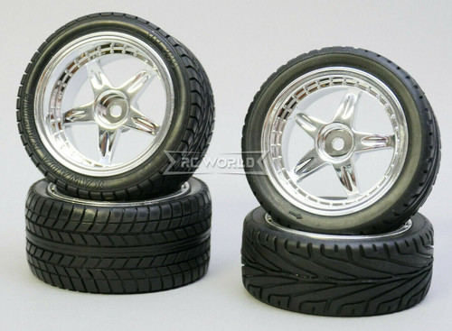 Kawada 1/10 Car Wheels STAGGER 5 STAR Chrome Set WIDE + NARROW w/ TIRES (4PCS) 