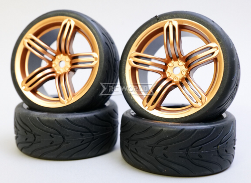 RC 1/10 CAR Wheels 5 STAR BURST GOLD w/ Semi Slick TIRES 4PC