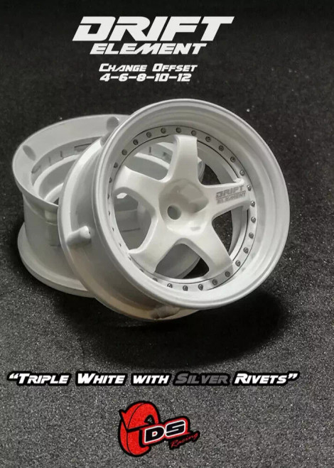 DS Racing 5 SPOKE RIMS Adjustable Offset WHITE W/ SILVER RIVETS -2PCS #DE-003