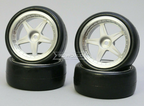 Kawada 1/10 Car Wheels 5 STAR PLATED W/ TIRES Set (4PCS) 50mmx26mm #TU35WP