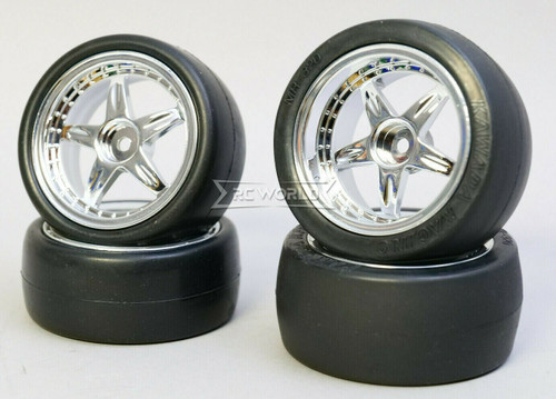 Kawada 1/10 Car Wheels STAGGER 5 STAR Chrome WIDE + NARROW w/ TIRES -SLICKS-